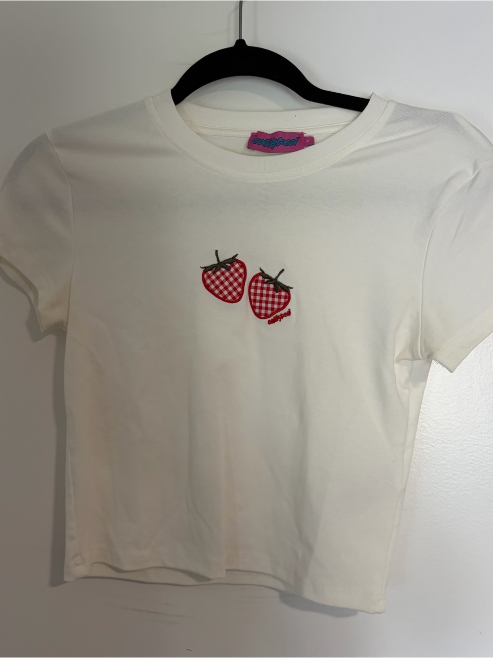 Edikted White Baby Tee with Red Gingham Strawberry Design